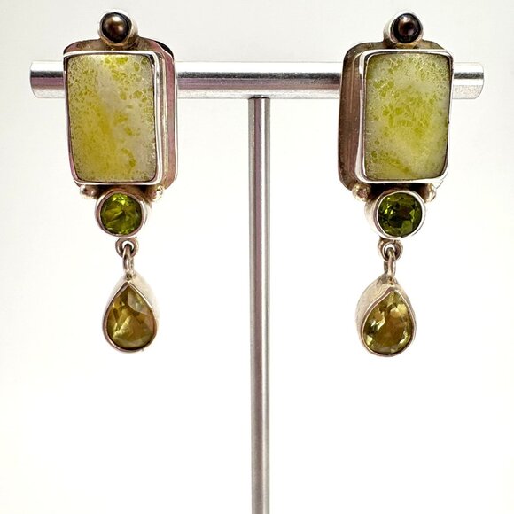 VTG Sterling Silver 925 Lizardite Bezel Set Stud Earrings Size 46mm Length - Picture 1 of 12